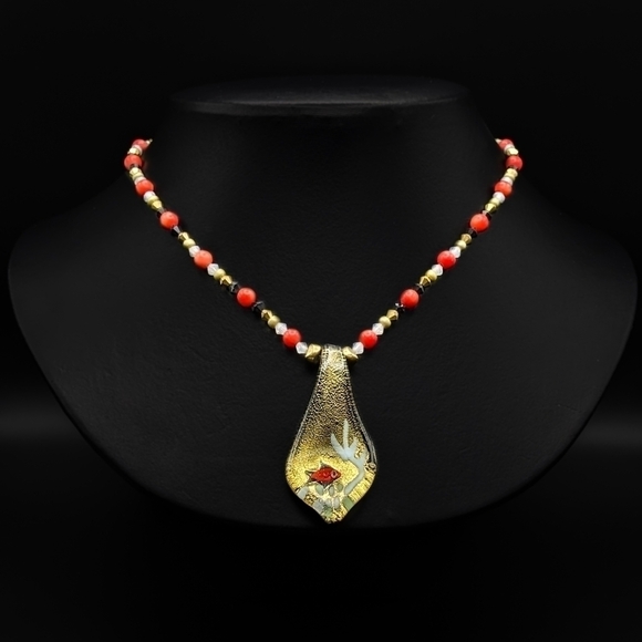 Artisan Jewelry - Glass Fish Scene Pendant on Beaded Chain - Lampwork